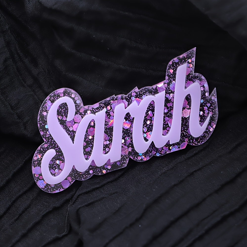 TEMU 1pc Personalized Name & Letter Pin With Custom Text/name - Glitter Accent Self-definition Pin Suitable For Women, - Durable Acrylic Name Tag For