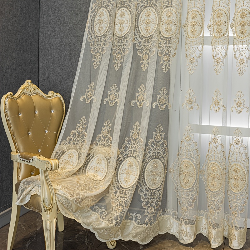 E-shop 1 Stück Luxuriöses Retro-Gesticktes, Perlenbesetztes, Transparentes Gardinenpaneel mit Stangentasche, Geeignet für Wohnzimmer, Schlafzimmer,