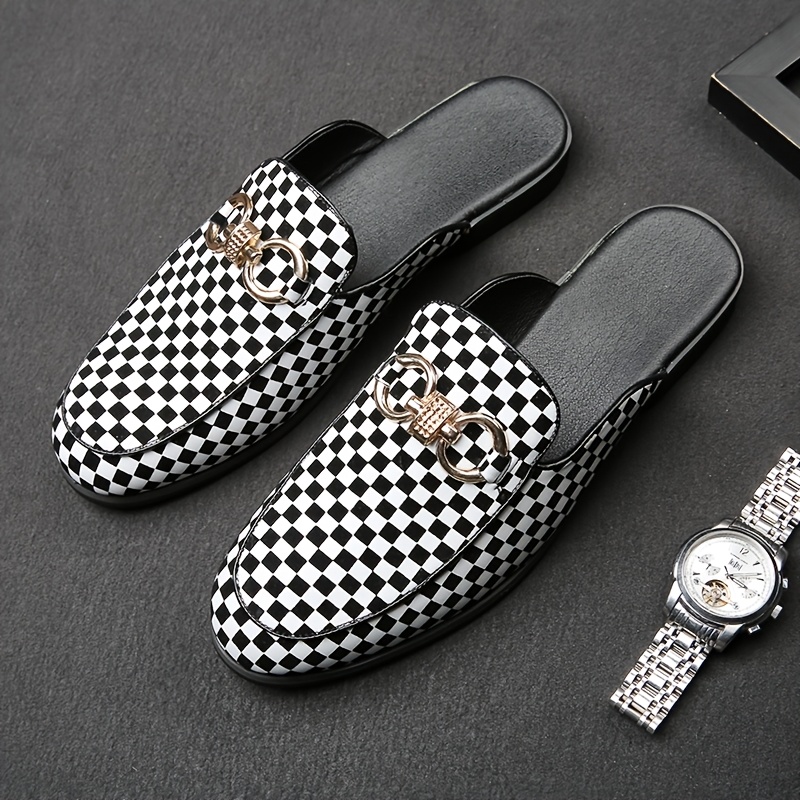 Men's British-Inspired Checkered Slip-On Loafers - Black & White Casual Shoes with Golden Accents, Breathable Rubber Sole for Spring/Summer, Easy Slip-On Design for Daily Wear & Leisure Activities, Classic Loafer Style, Comfortable Interior Lining