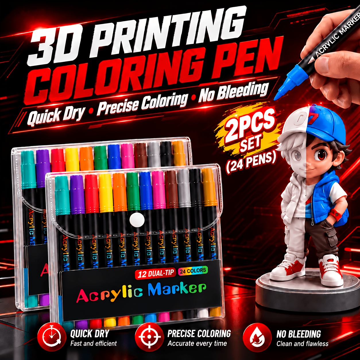 TEMU 24 bolígrafos de coloreado para modelos de impresión 3D, juego de 2 unidades de 24 piezas (juego individual de 12 piezas con 12 bolígrafos de