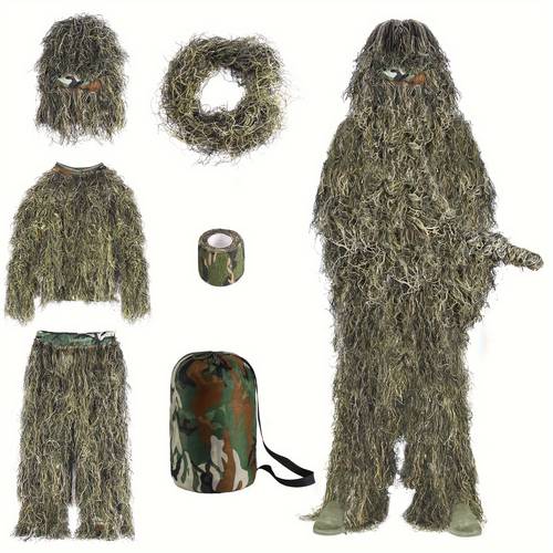6 in 1 ghillie suit 3d camouflage hunting apparel including jacket pants hood carry bag and camo tapes set desert yellow set