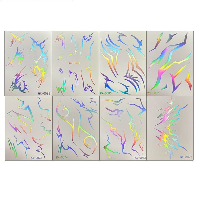 TEMU 8 Sheets Holographic Tribal Flame Temporary Tattoos, Long-lasting Remove, Waterproof Iridescent Face Body Stickers - Festivals Rave