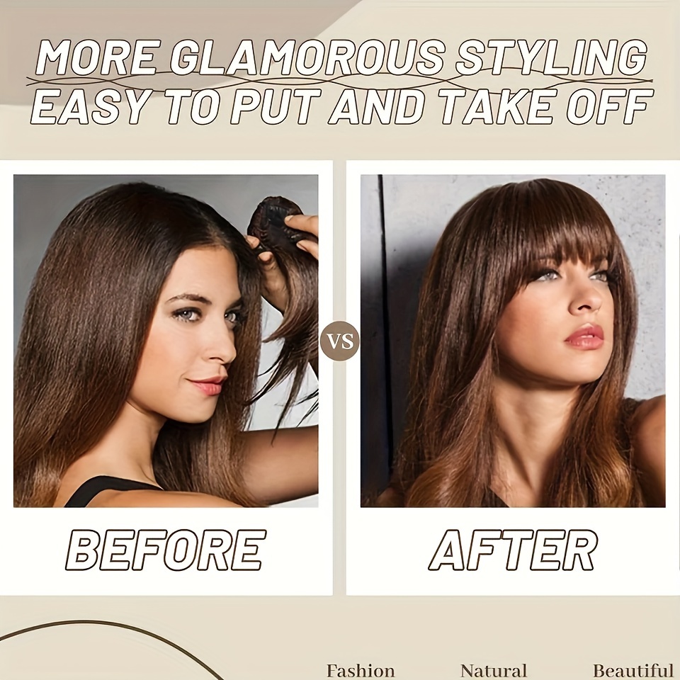 womens clip in synthetic hair bangs extensions straight hair fringe with   hairpieces   for   basics style in brown details 1