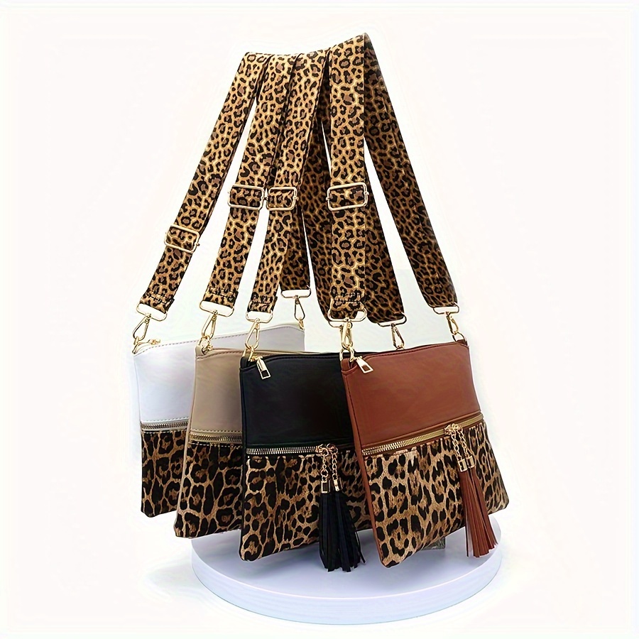 

New Fashion Stitching Leopard Print Fringe Bag, With Wide Shoulder Strap Leopard Print, Crossbody Bag Fort Daily Use