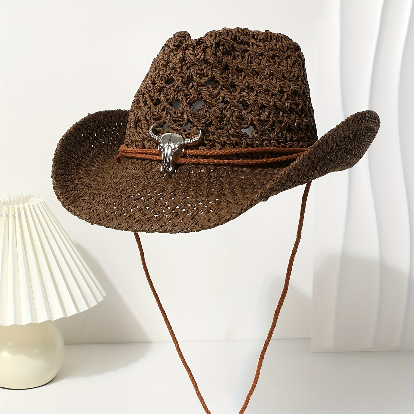 TEMU Western Cowboy Hut 3D Stierkopf Dekoration Damen Sommer Sonnenhut mit Krempe Strohhut Damen Sommer Sonnenschutz Outdoor Sonnenschutz Hut Strand