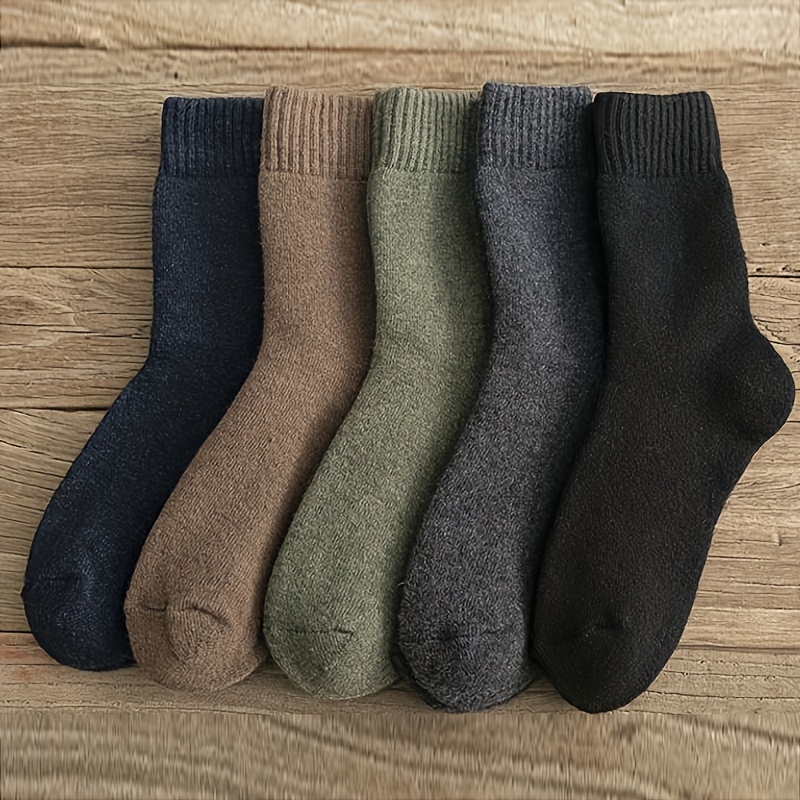 

3/5pcs Men's Warm Crew Socks - Solid Color, Cozy For Fall & Winter, Cashmere , Mid-calf, Comfortable