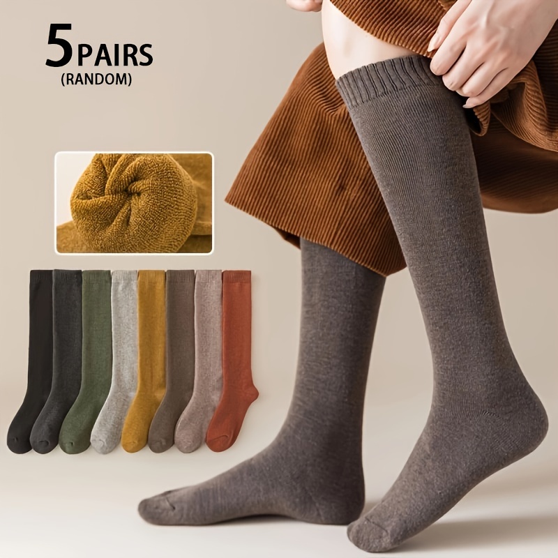 

5 Pairs Assorted Colors Thickened Warm Knee-high Socks, Polyester & Spandex , Hand Wash Or , Solid Color, Women's Fashion Accessories, Ankle Socks