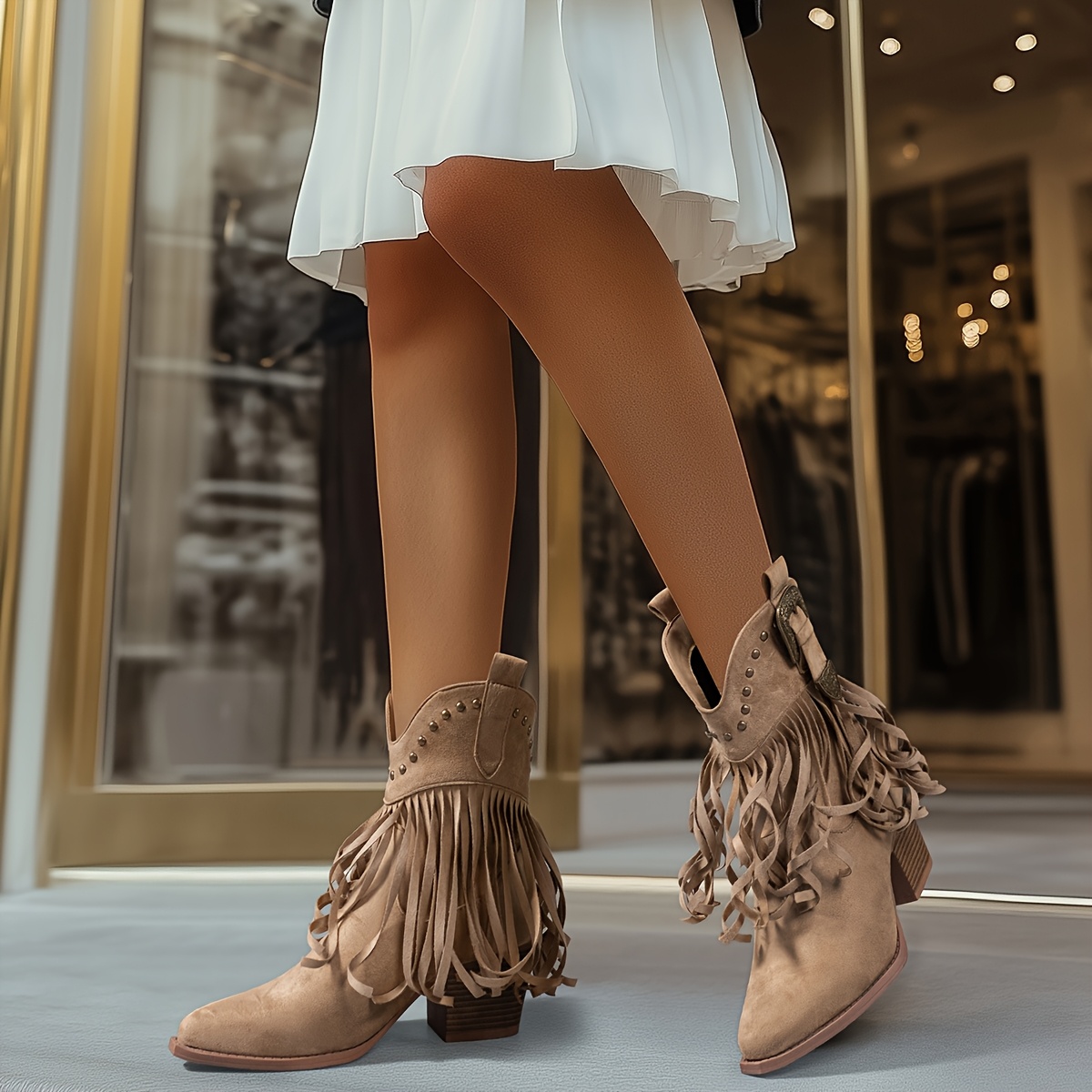 Boho Western Stiefel Damen - Wildleder Mit Fransen & Blockabsatz