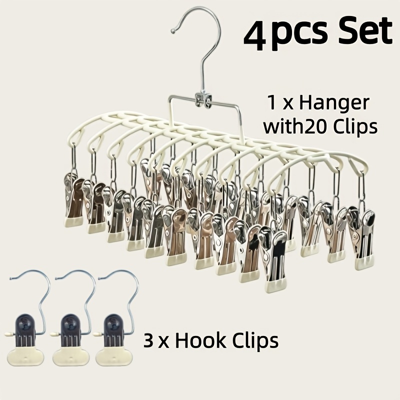 TEMU 4pcs Stainless Steel Clip Hanger Set, Including 1pc Drying Rack (with 20pcs Anti-slip Clips) And 3pcs Hook Clips, Space-saving Clothing