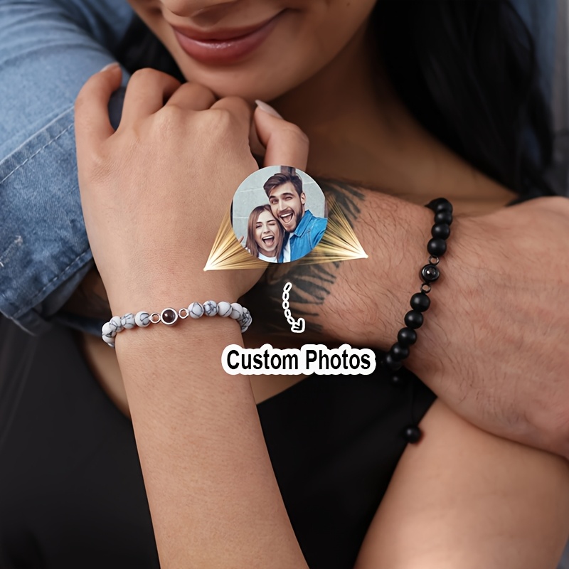 2pcs Custom Photo Bracelets, Personalized Bead Couple Jewelry