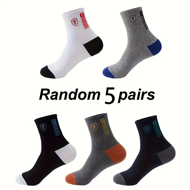Image of 5 Pairs Of Random Color Men's Sports Comfortable Sweat Absorbing Exhaust Mid Tube Sports Durable Simple Sports Socks