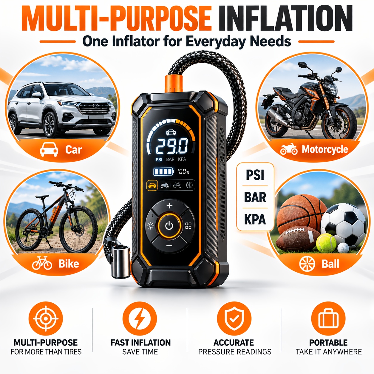 TEMU Wireless Tire Inflator, 210psi, 22-cylinder Portable Air Pump With Digital Pressure Gauge, Built-in Rechargeable Battery And Led Light, Suitable