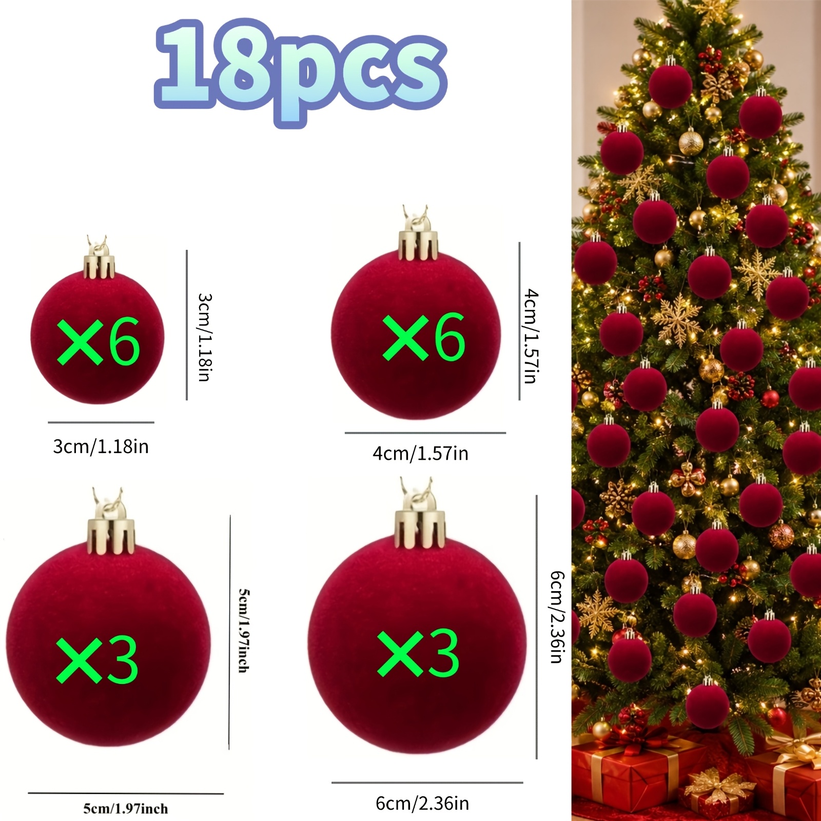 TEMU 14 pezzi/18 pezzi/25 pezzi, Palline di Natale in velluto , 4 pezzi multi-misura 3 cm/4 cm/5 cm/6 cm, Decorazioni per albero di Natale - per