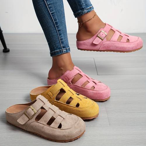 zapatos con puntera para verano, , casuales, transpirables, huecos, zapatos de mujer retro, calzado para exteriores, sandalias sin cordones, media sandalias, zapatos de mujer