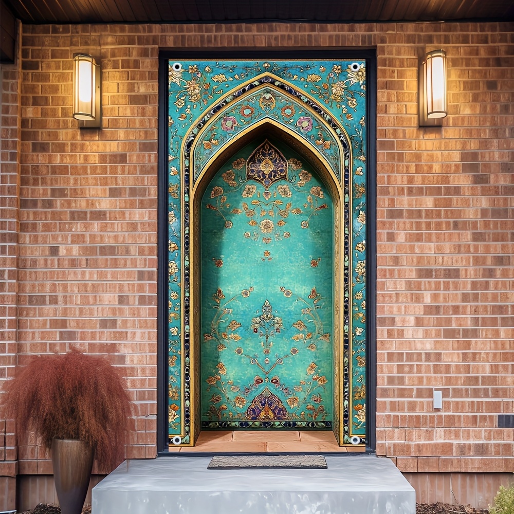 

1pc Arabic-inspired Door Decoration With Vibrant Teal & Golden Floral Patterns – , Reusable Polyester Design For Home, Office, And Events, Seasonal Home Accent | Arabicinspired Design | Intricate