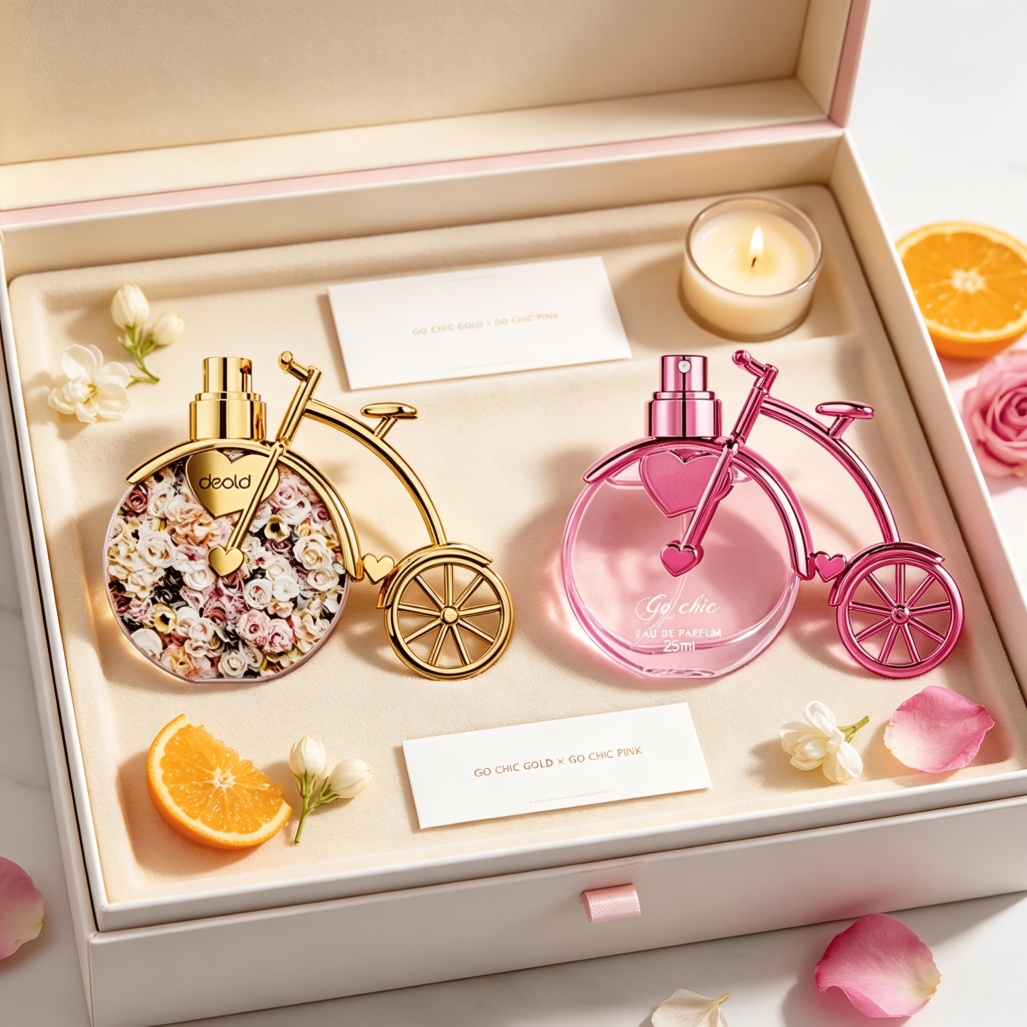 Image of 2pcs Edt Perfume Set For Women + Golden Floral & Pink Heart Bicycle Shape Ultra Long Lasting, Fresh Scent, Summer Seaside Bestie Style, Premium Niche Alternative, Elegant Women's , Ideal For