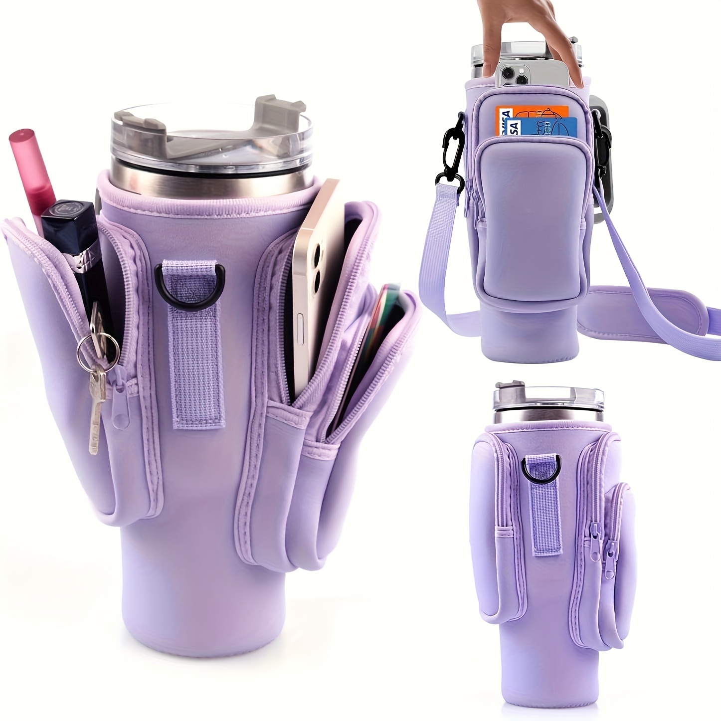 item picture 1pc Water Bottle Carrier Bag with Phone Pocket for 40/30oz Tumbler Neoprene Water Bottle Holder Pouch, Cup Accessories Total 3 Pockets, Father Gift, Bottle Pouch, Bottle Bags, Pouch for Water Bottle, Water Bottle Pouch, Pouch Bottle