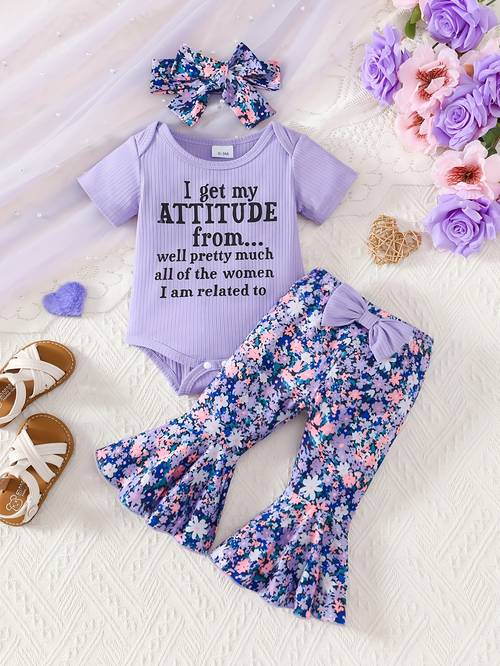 3 new summer outfits for baby from letter short sleeved jumpsuit with floral print flared pants and headband set for outdoor