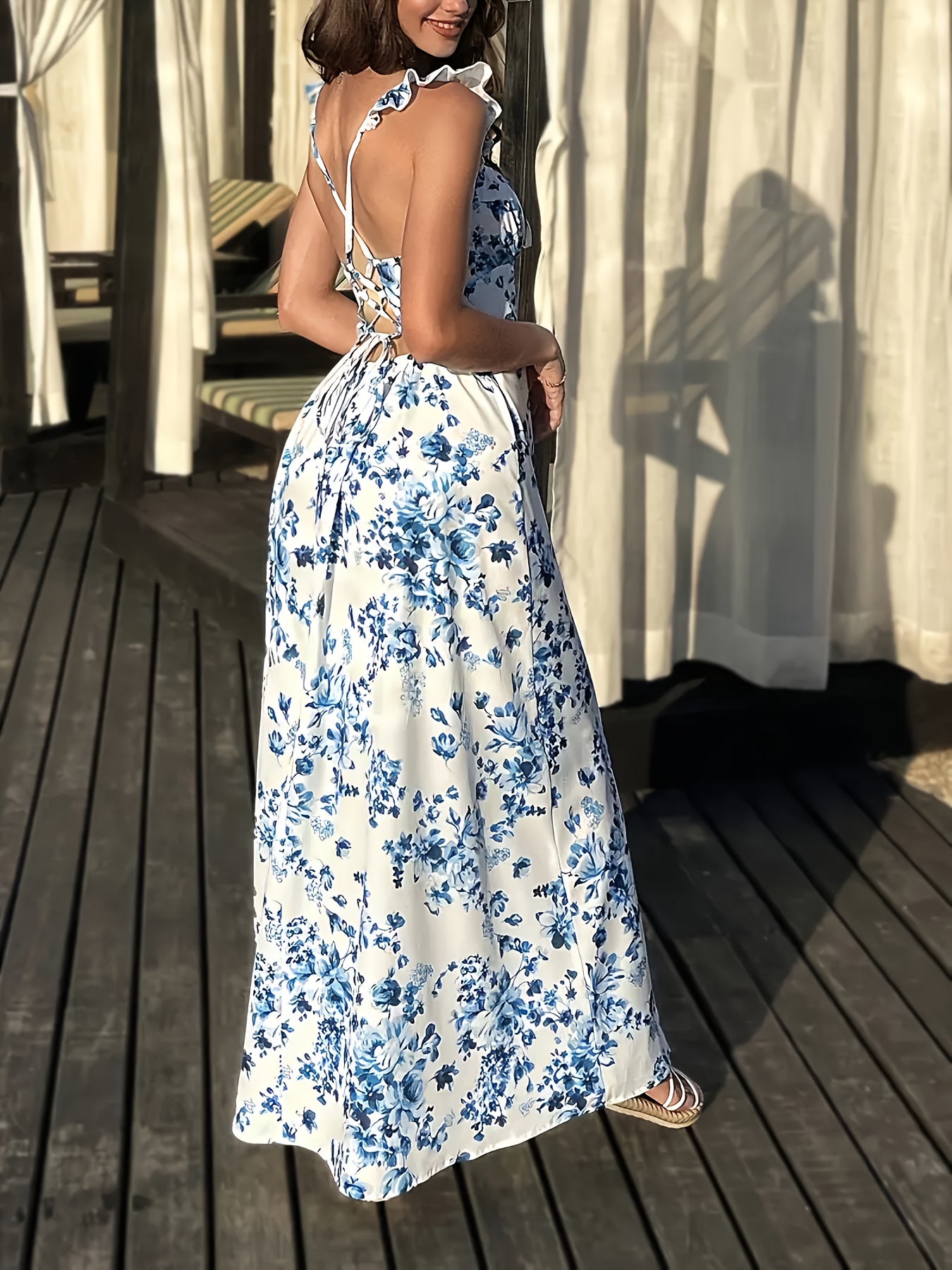elegant floral backless maxi dress tie detail sleeveless - Temu United  Kingdom