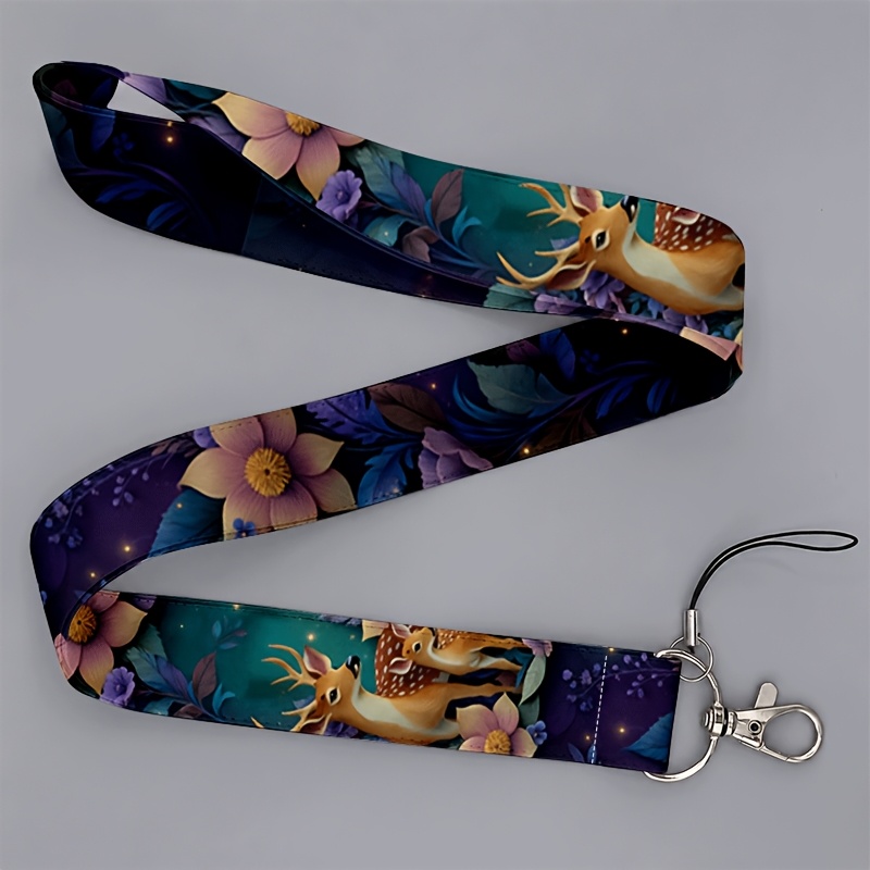 TEMU Porte-badge et porte-téléphone polyvalent 2D, pièce unique, style forêt de rêve avec cerf et imprimé floral, avec lanière, pour hommes et femmes
