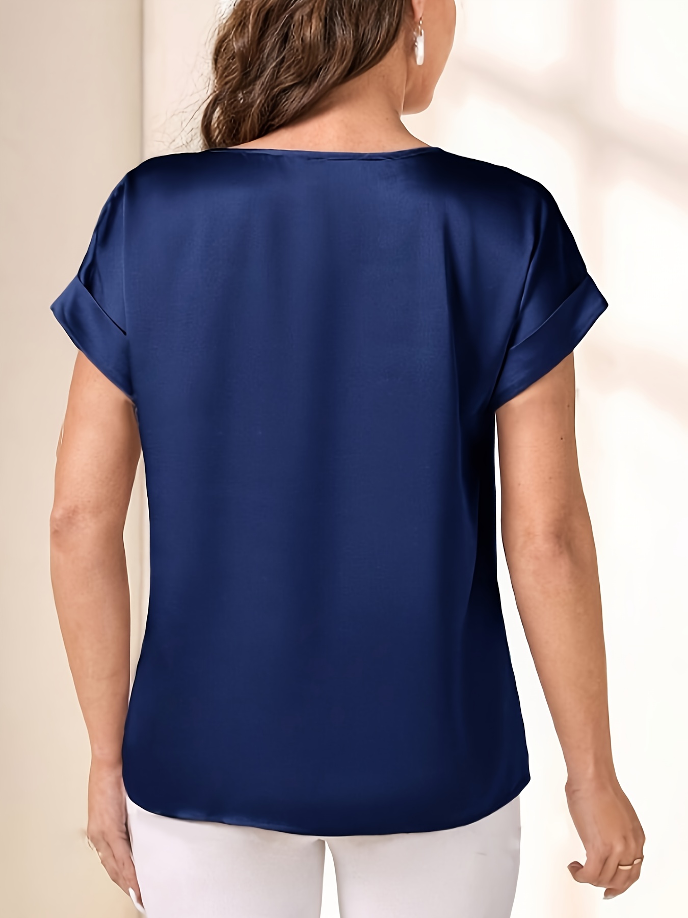 Solid Crew Neck Short Sleeve T-shirt, Elegant Top For Spring & Fall, Women's Clothing