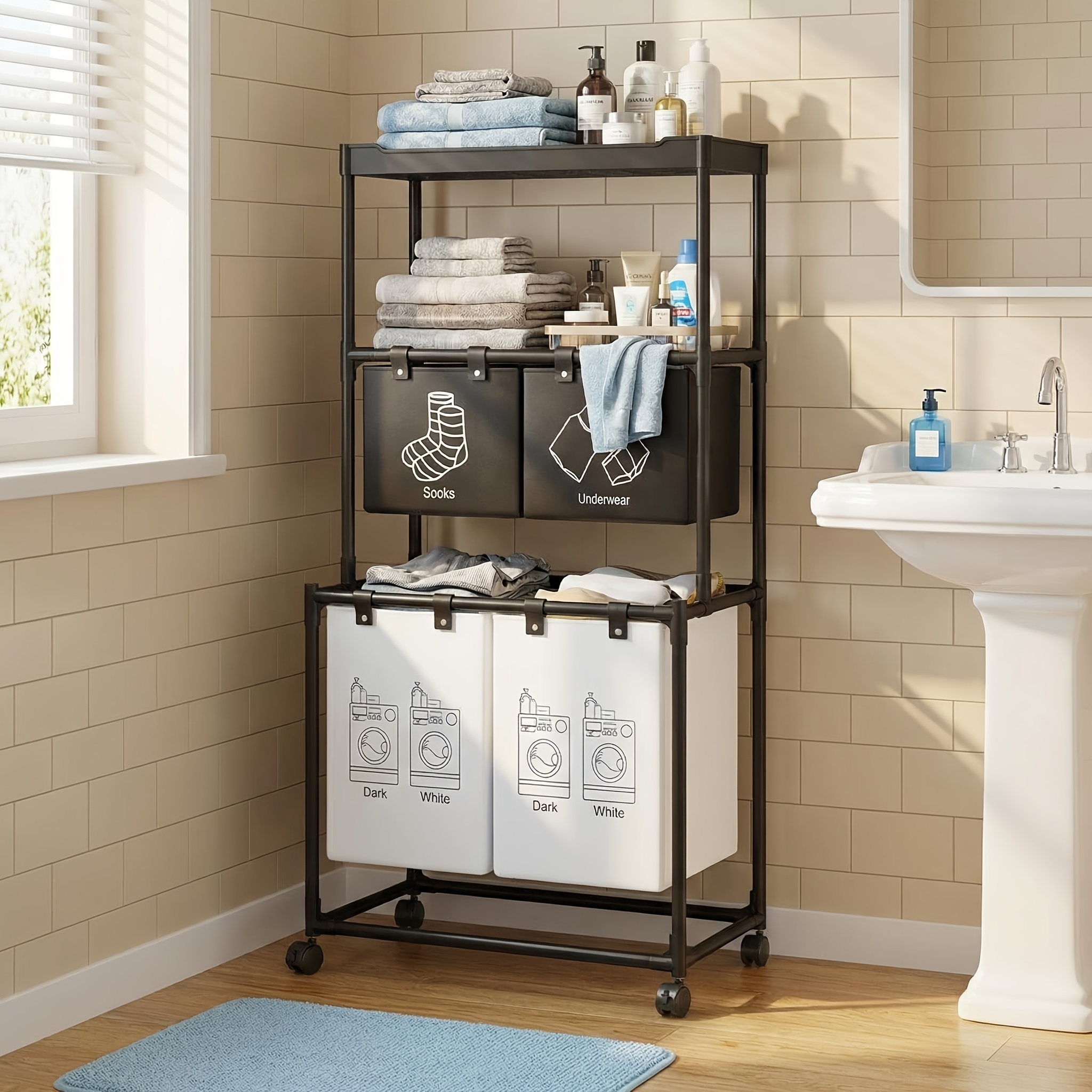 rolling laundry basket organizer metal frame fabric bin 57x44x128  white laundry baskets Product details 0