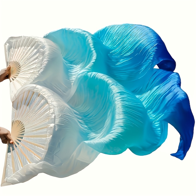 TEMU 2pcs Blue And White Chiffon Fans Suitable For Solo Dancing, Weddings, Performances - Double-layer Retro Elegant Lightweight Fabric With Layered