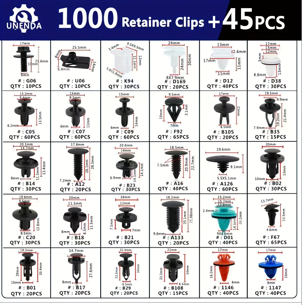 изображение предмета набор автомобильных крепежных элементов 1045 шт. - прочные автомобильные крепежные элементы из абс-пластика, подходящие для зажимных клипс, бамперов и установки заклепок