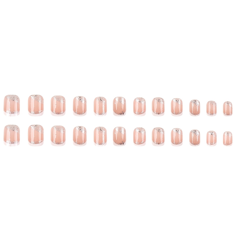 Image of 24pcs Short Squoval Press On Nails Glossy High-shine French Tips With A Semi-translucent Nude Pink Base And Silver Micro-glitter Accents Artificial Reusable False Nails For Women And.