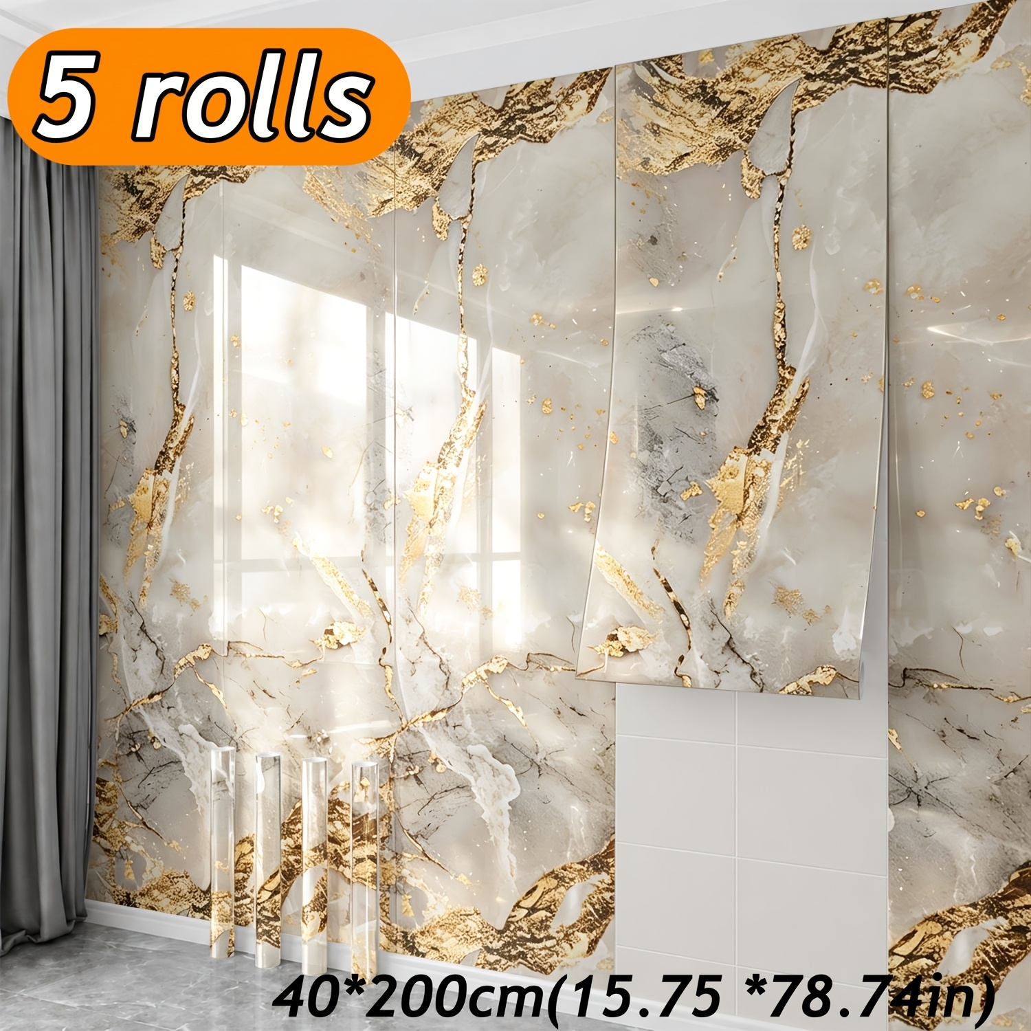 TEMU Juego de 5 rollos, papel tapiz autoadhesivo de de mármol dorado de , fácil de y pegar, adhesivo impermeable autoadhesivo de PVC, para paredes de