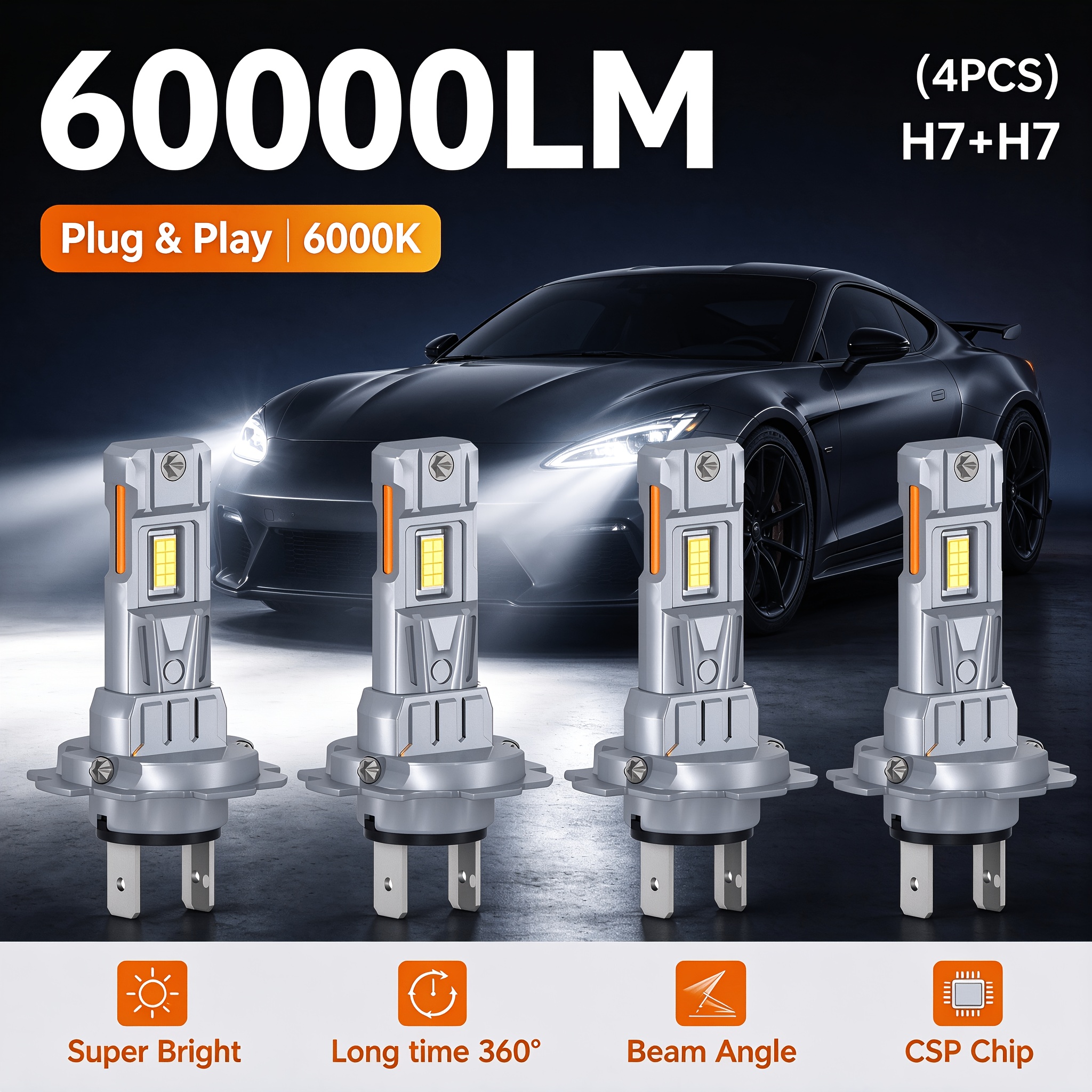 TEMU Lot de 4 ampoules LED H7 pour phares, feux de route et de croisement, blanc 6000K ultra- avec ventilateur de refroidissement, plug and play,
