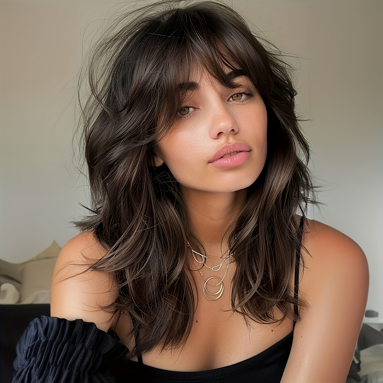 Image of A 14-inch Synthetic Fiber Wig Designed For Women, Featuring A Gradient Of Black And Brown Curls. A Fashionable Daily Wear Option With A Cap Made From Matte High-temperature