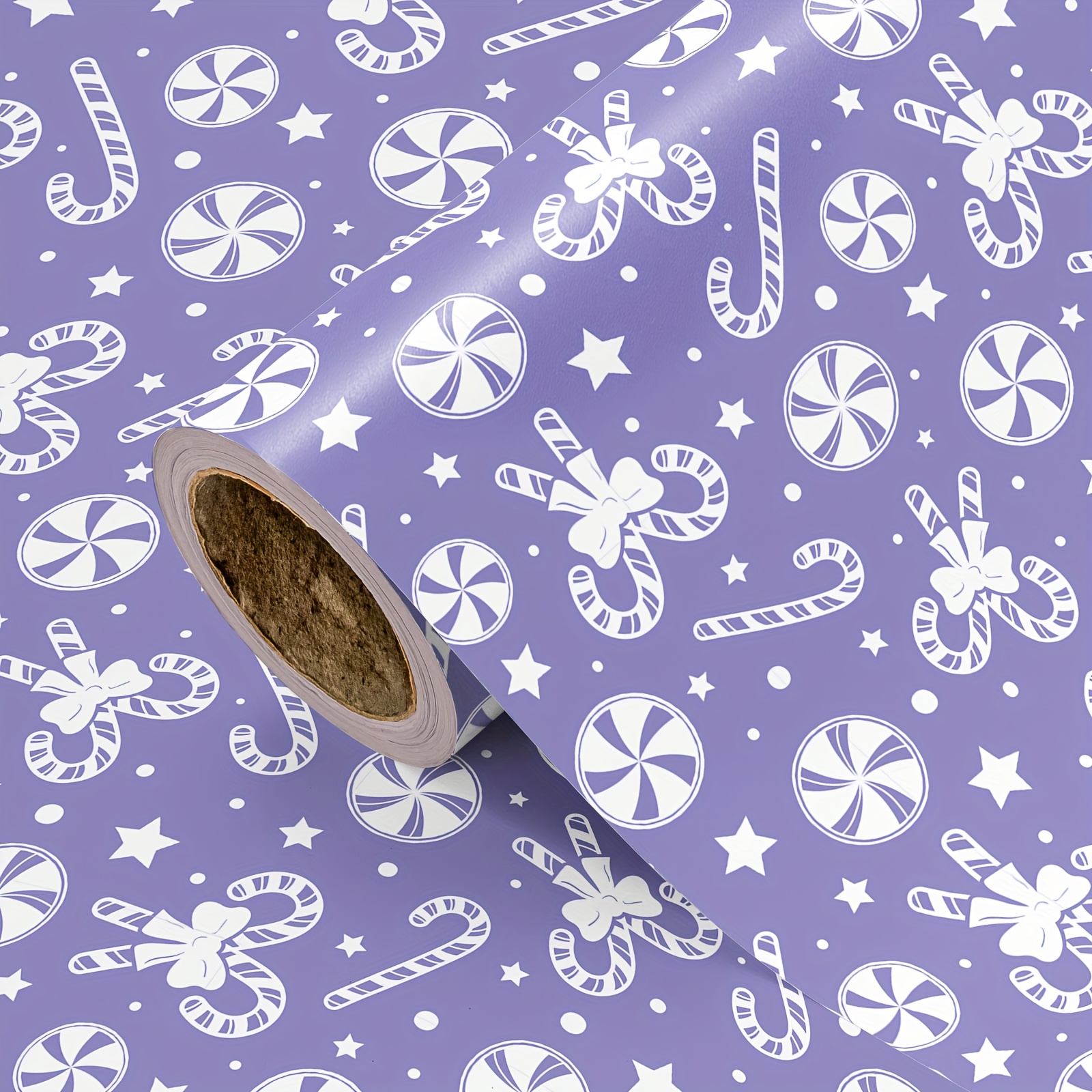 TEMU 1 Roll Christmas Wrapping Paper | Canes, Peppermints & Stars On Purple Background - Ideal For Holiday Gifting, Festive Decor, Christmas Presents