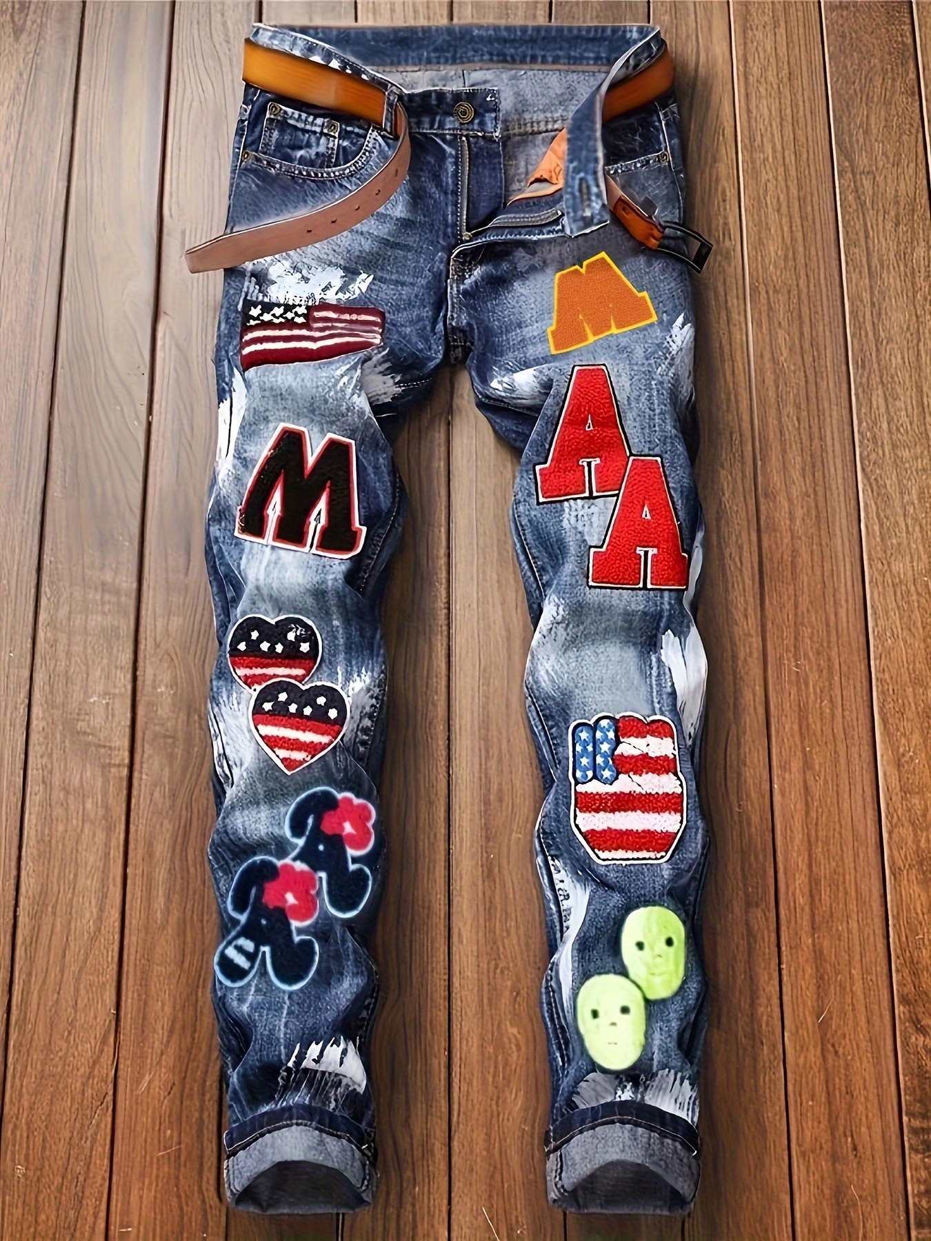 Punk Trend Blue Cat Whisker Slimming Fashion Flag Badge Paint Embroidery Small Straight Men'S Jeans