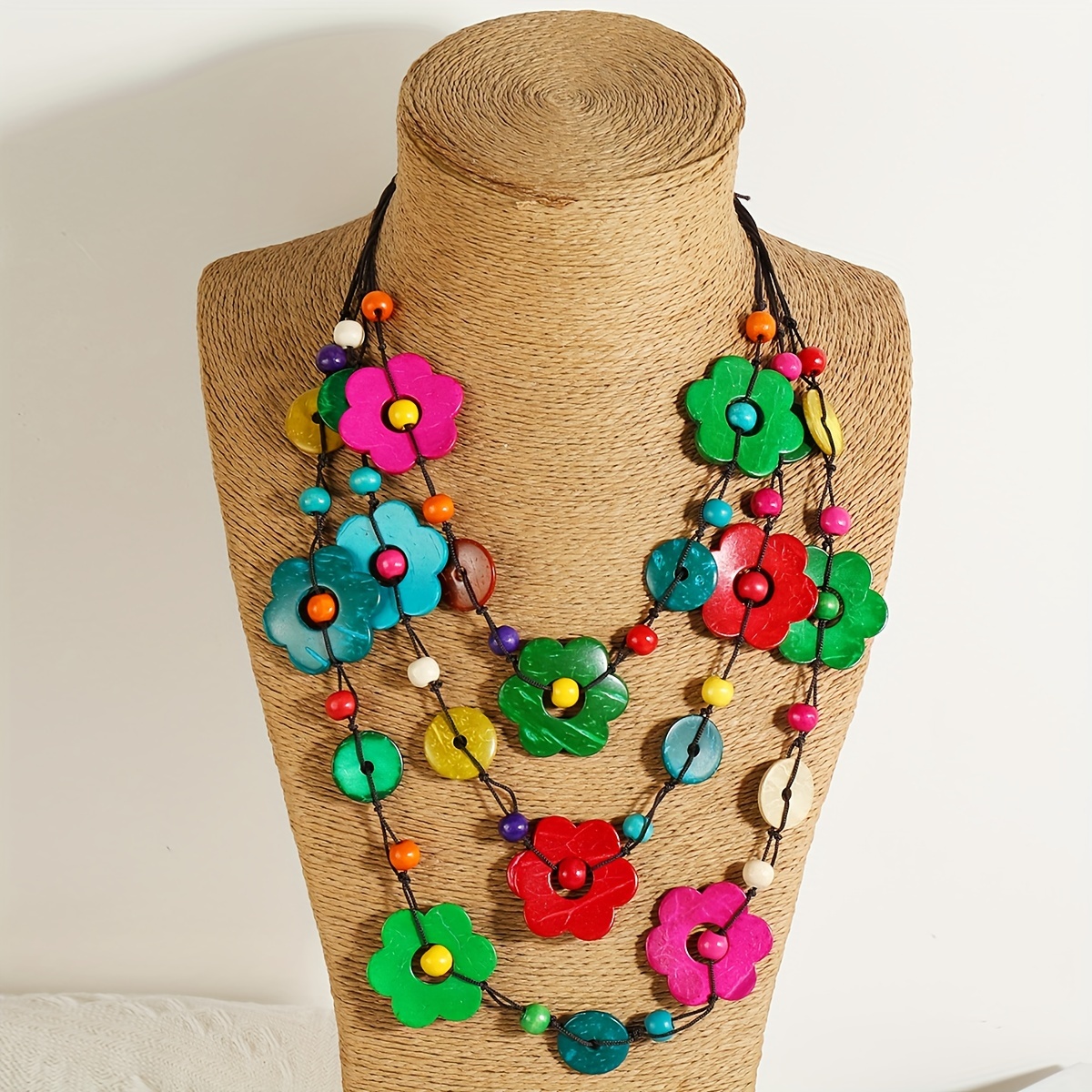 

Colorful Necklace Ethnic Style Long Flower Floral Multilayer Coconut Shell Wooden Beads Vintage Necklace