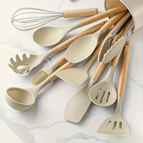 12 non stick silicone kitchen utensil set with ergonomic wooden handles durable heat resistant easy to for cooking and baking ideal for back to school dorm essentials and enthusiasts