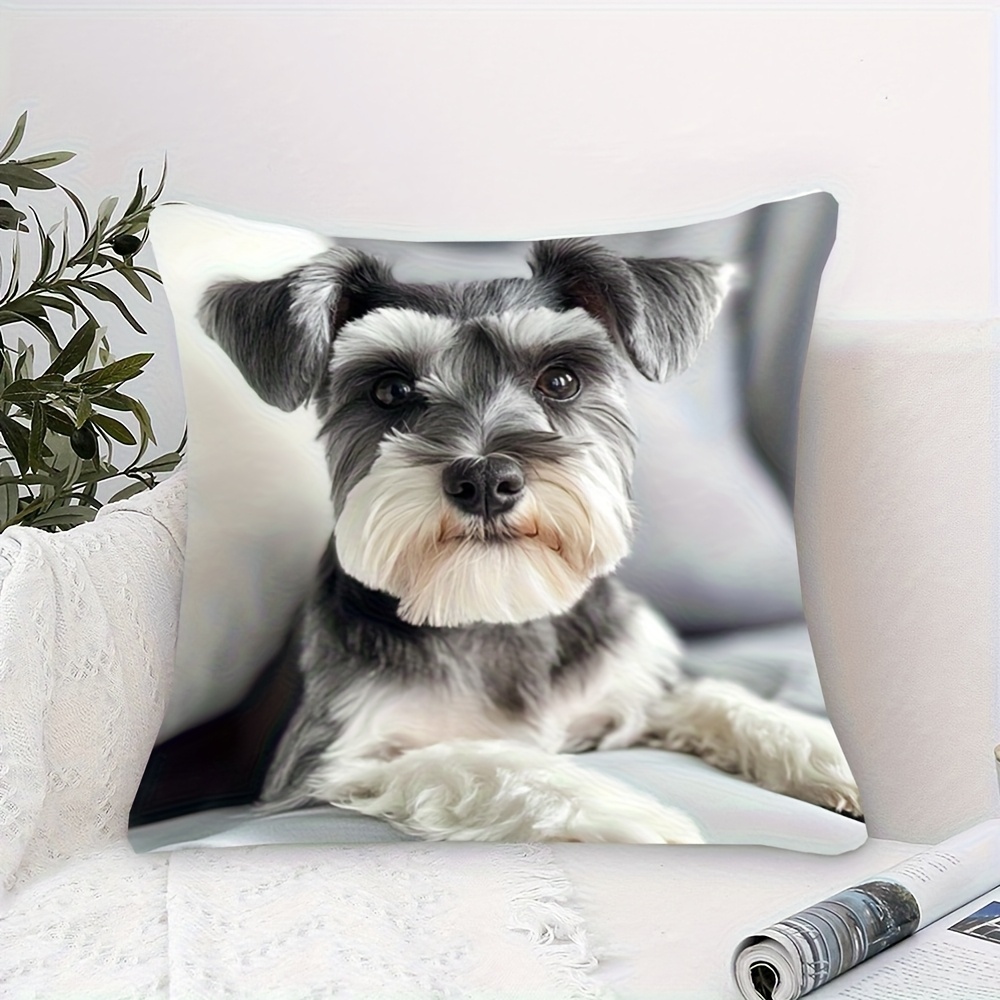 TEMU 1pc Schnauzer Puppy Design, Patterned Pillowcase, Zipper Closure, Single-sided Print, 18x18 Inches, Short Plush Cushion Cover, Machine Washable,