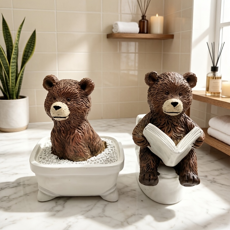 TEMU 2pcs Fun Brown Bear Resin Sculptures, Bear Statues Sitting On Toilets And Bathtubs, Bathroom Decorations, Home Bathroom Shelf Decor Gift