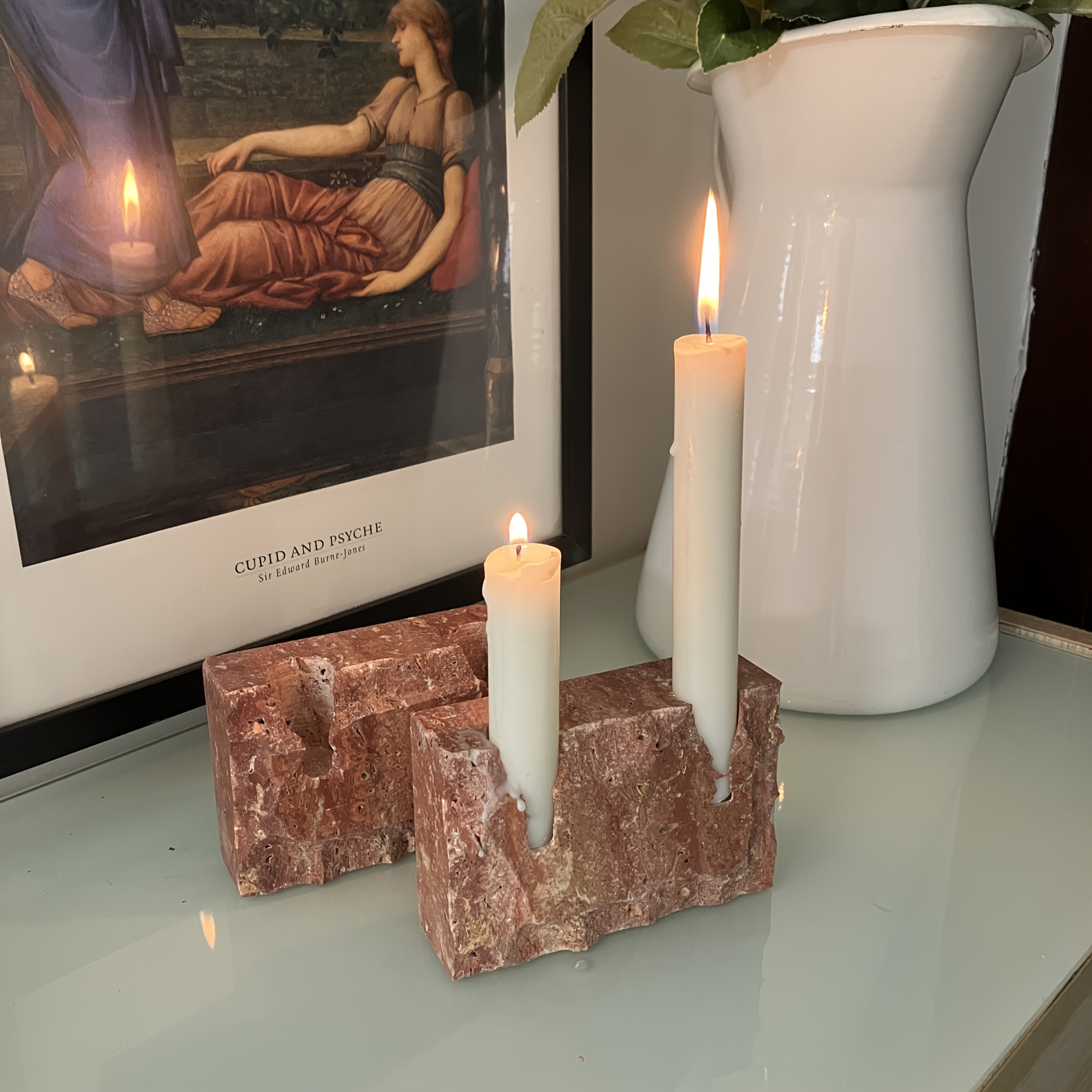1pc Natural Red Marble Candle Holder - Uniquely Designed Rectangular Two-Hole Candleholder, Holiday Candle Holder, Onyx Candle Holder Base, Travertine Candle Holder, Multi-Branch Candle Holder, Suitable for Weddings, Parties, and Holiday Decoration.