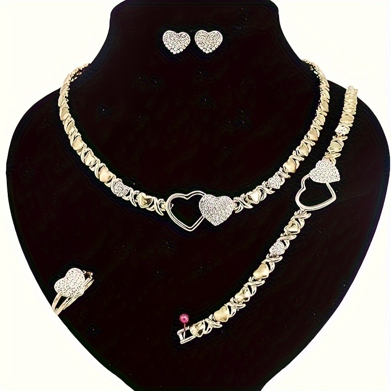 

4pcs Girls Luxury Jewelry Set - Adorable Heart Necklaces, Delicate Charm Bracelets, Glamorous Stud Earrings, Sparkling Stackable Rings - Perfect Lady Gift For Special Occasions