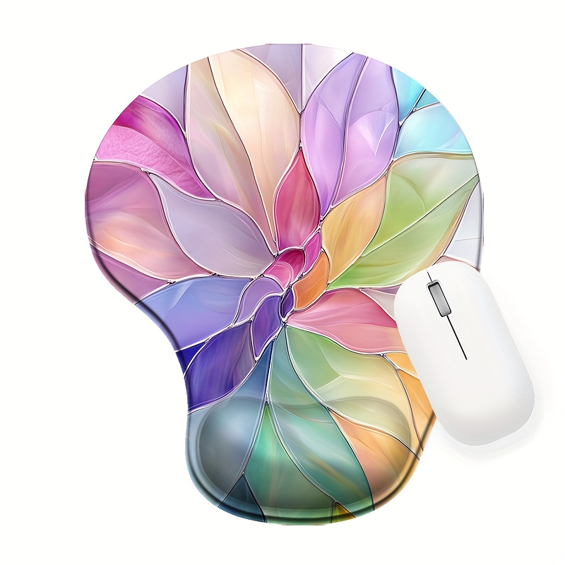 TEMU Tapis de souris 1 pièce avec support de poignet plat 2D (PU antidérapant) - Fleur en vitrail, 8,98x7,56 pouces
