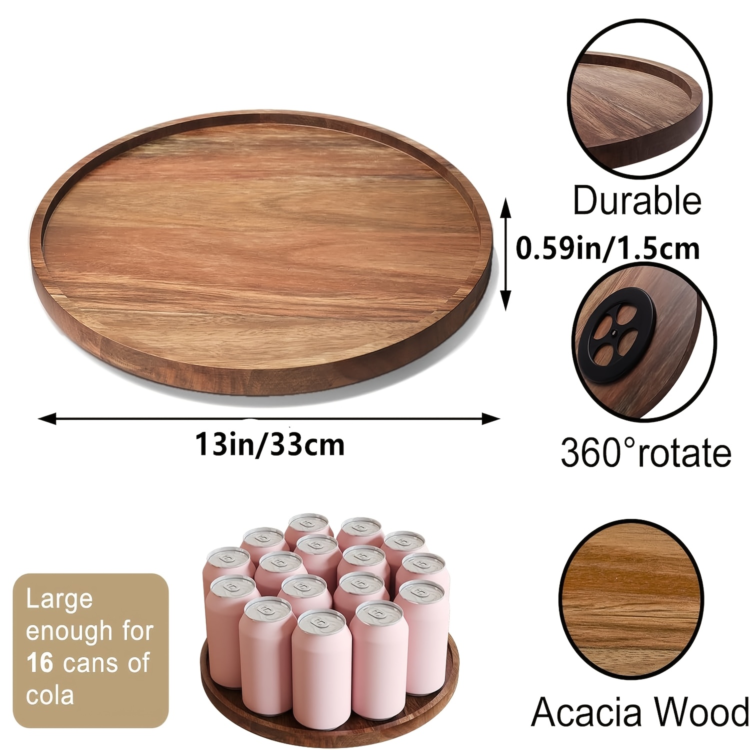 TEMU 2 Sizes 8.6 Inch / 13 Inch Acacia Wood Rotating Storage Tray, 360Â° Rotatable Wooden Turntable, Used For Kitchen Countertop Seasoning Storage,