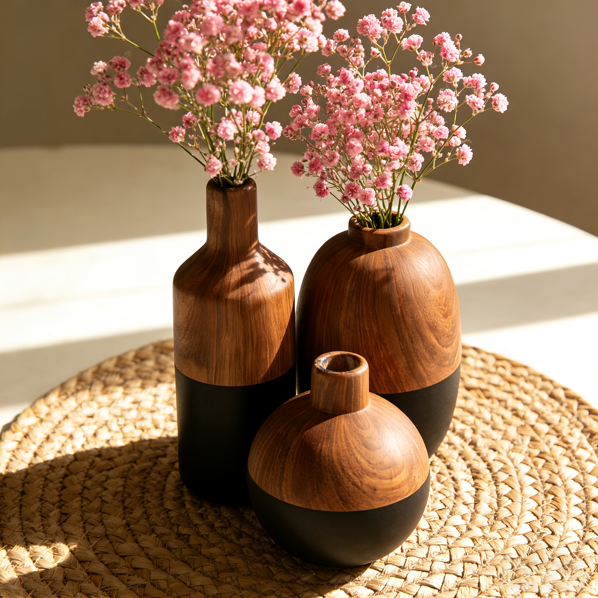 3pcs Wood Grain/Stone Texture Ceramic Vase Set Wabi-Sabi Decorative Flower Pot Ornament Japanese Rustic Style Desktop Home Resident B&B Soft Decoration Dried Flower Arrangement Floral Art All-Match Premium