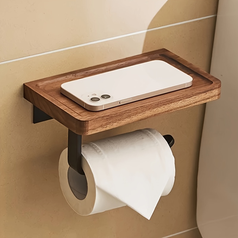 

Walnut Wood Toilet Paper Holder With Phone Shelf - Self-adhesive, Wall-mounted Bathroom Tissue Rack