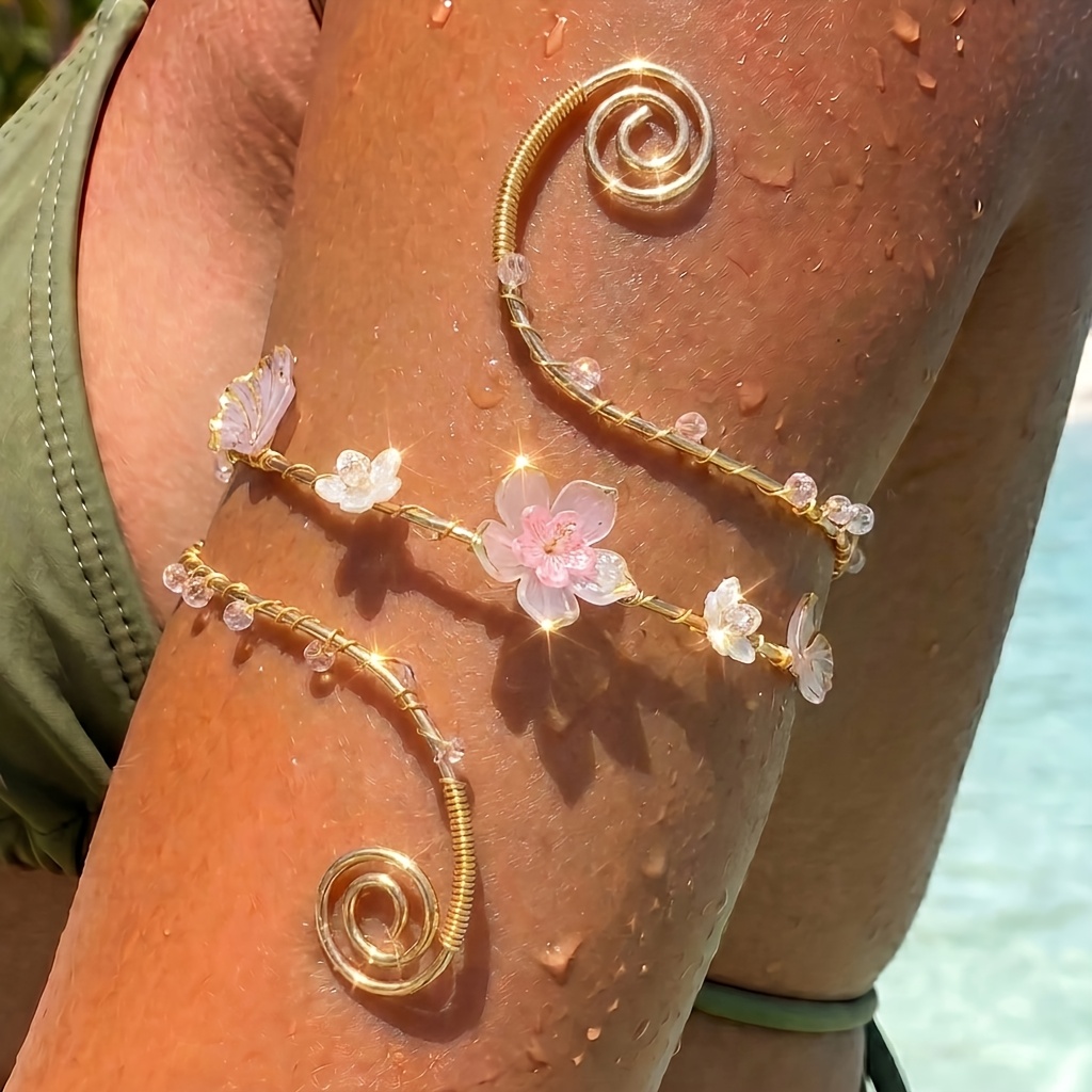 TEMU Manfanst Women' Plated Bohemian Spiral Wire Arm Bracelet - Handmade Adjustable No-piercing Flower Cuff With Pink Flowers, Wire Suitable For