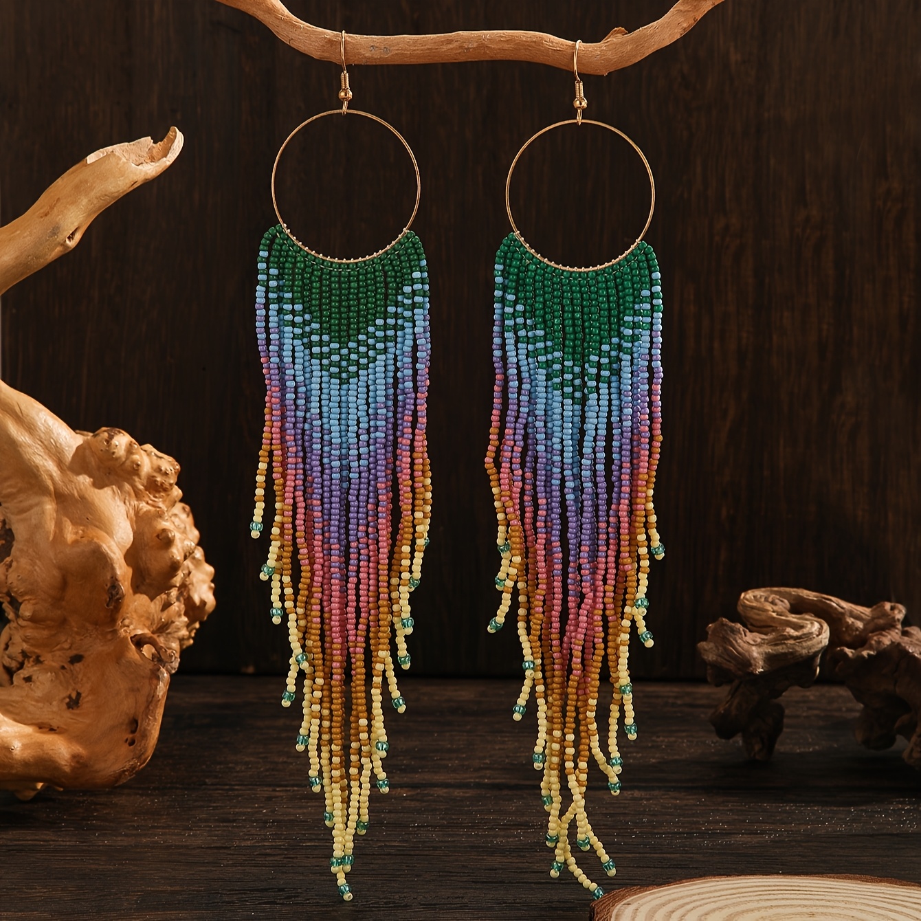 TEMU 1pc Boucles d'oreilles longues à perlées faites à , avec un design multicolore vintage, dans un style bohème. La longueur est de 20,5 cm (8,07