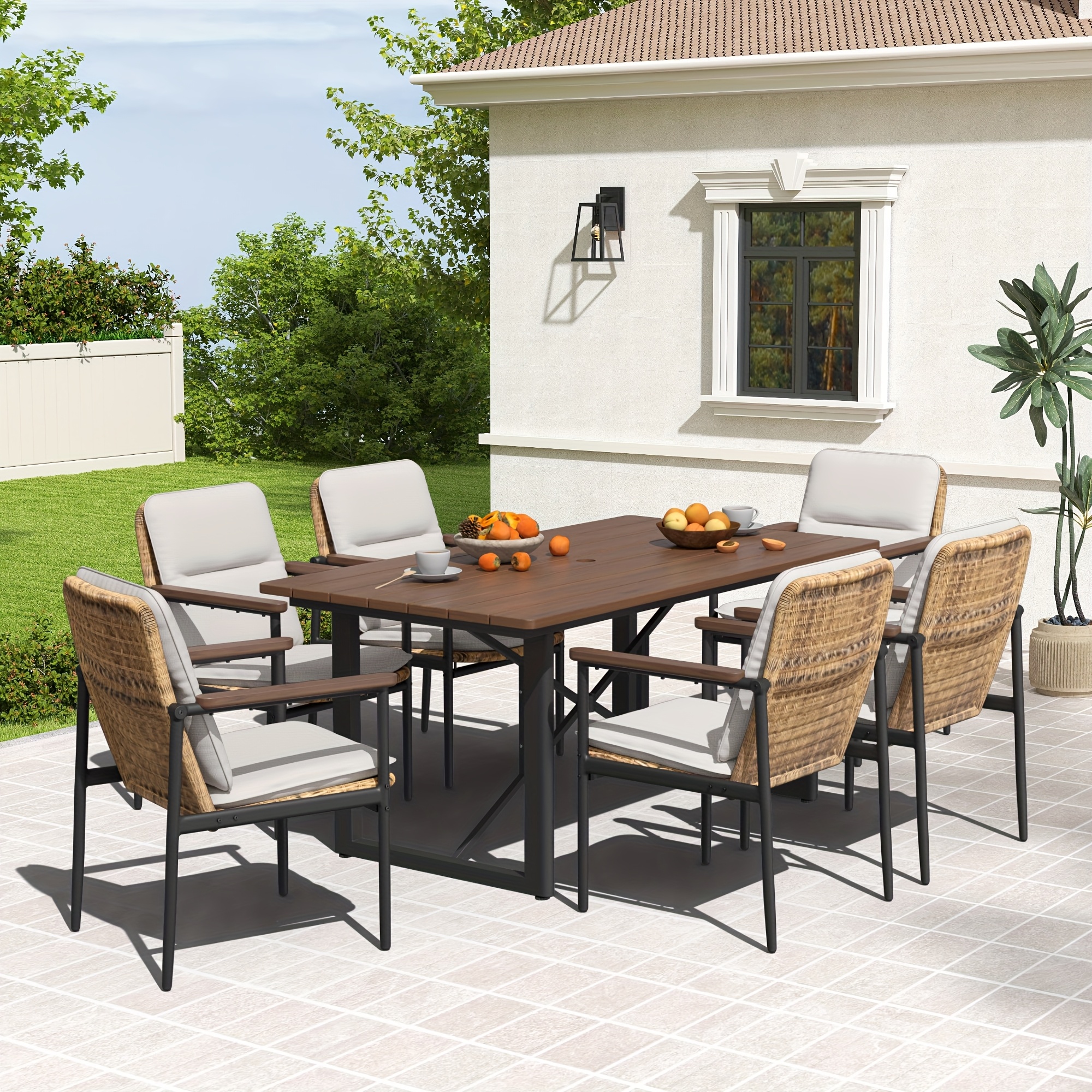 Patio Dining Set Outdoor, Wicker Chairs with Aluminum Frame and Olefin Cushions, Large Wooden Dining Table with Umbrella Hole, Patio Table and Chairs for Yard Garden Porch