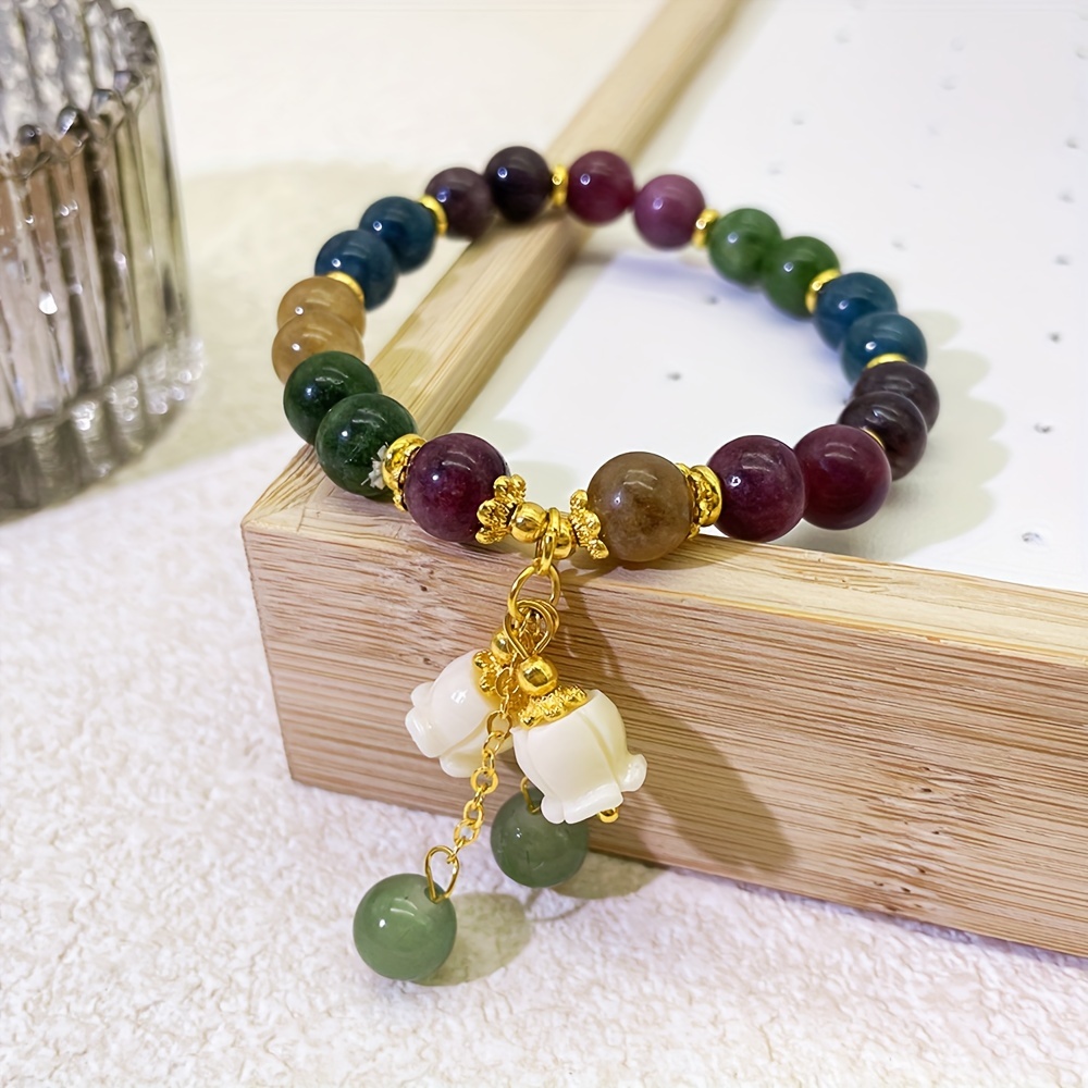 

1 Pcs Adjustable Beryl Bracelet With Suzuran Flower Charm – Elegant & Tribal Style Multicolor Natural Stone Beaded Bracelet – Versatile Accessory For Daily Wear & Vacation – Gift For Men & Women