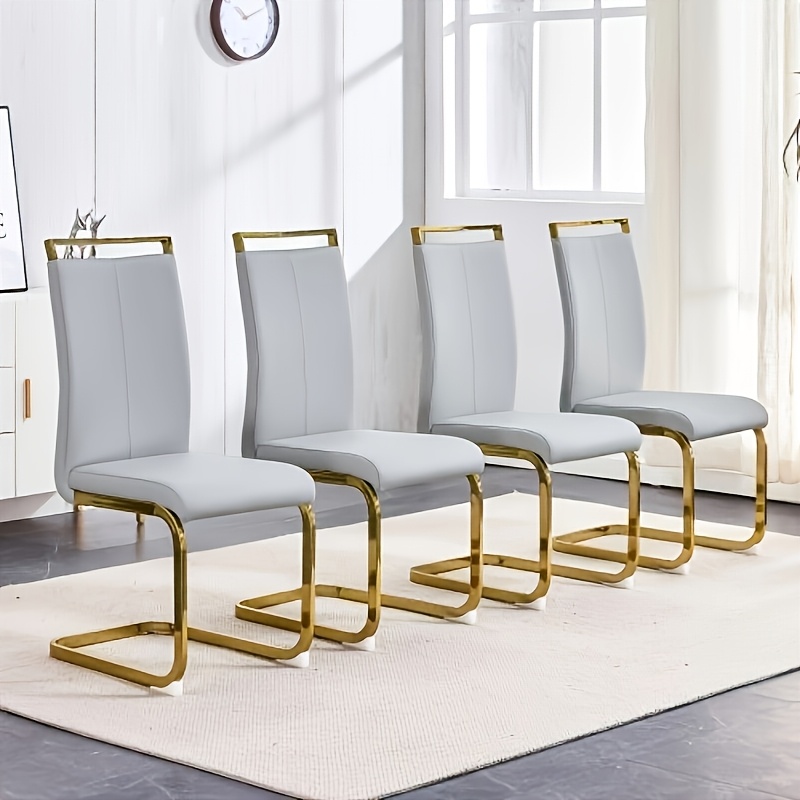 Modern Dining Chairs Set of 4, High Back White Kitchen Chairs, Faux Leather Side Chair with Gold Plated Metal Legs, Easy to Install Upholstered Dining Chairs, Ideal for Living Room, Easy to Install (Golden/Silver Leg) Local Warehouse