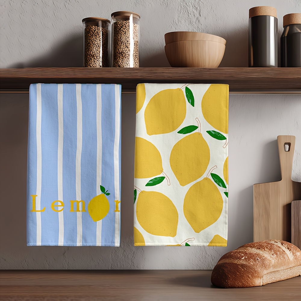 TEMU Set Of 2 Lemon-themed Kitchen Towels - Blue Geometric Lemon Print Dish Cloths, Reusable Absorbent Tea Towels Suitable For Cleaning, Decorative